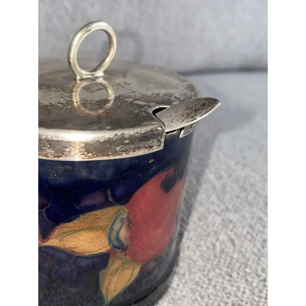 Rare Vintage Moorcroft Sterling Silver Art Pottery Jar & Spoon Antique Sugar